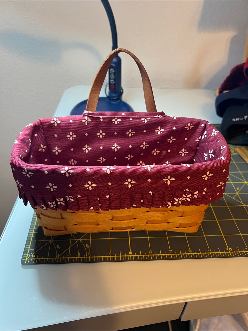 Longaberger Hanging Basket with Burgundy Floral Liner